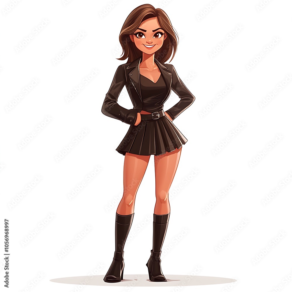 Cartoon girl with a mischievous smile in a leather skirt and high boots on a white background. Cartoon girl with a mischievous smile in a leather skirt and high boots on a white background.