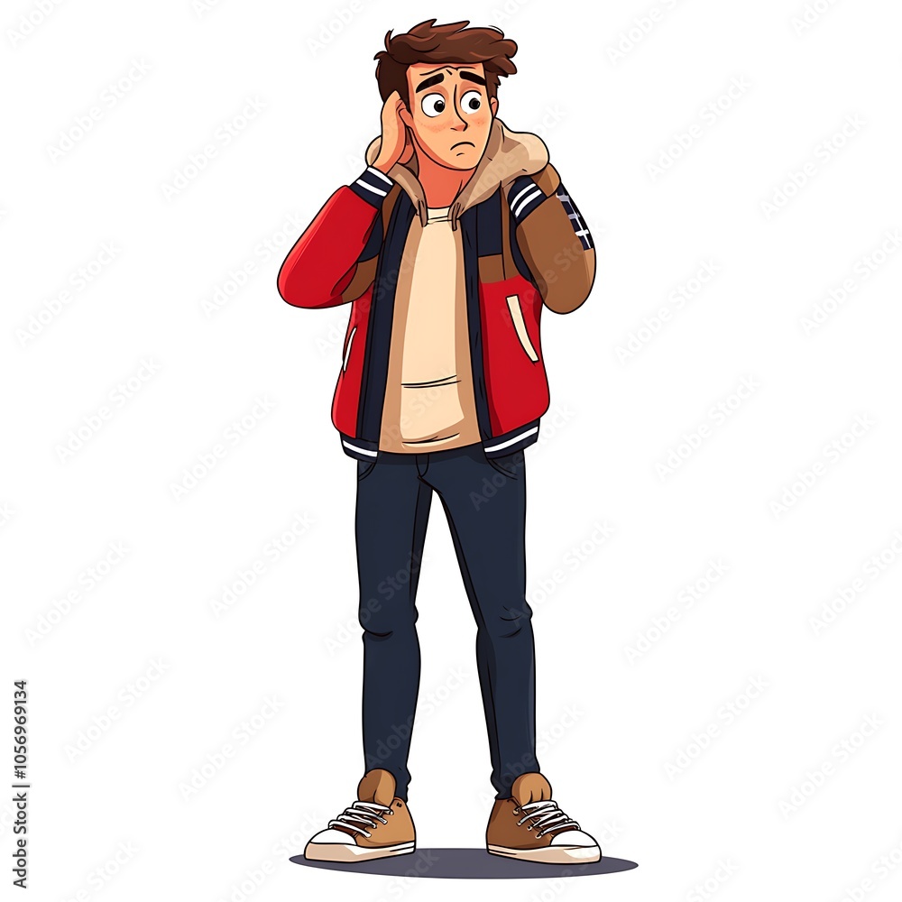 Cartoon guy looking confused in a varsity jacket and sneakers on a white background. Cartoon guy looking confused in a varsity jacket and sneakers on a white background.