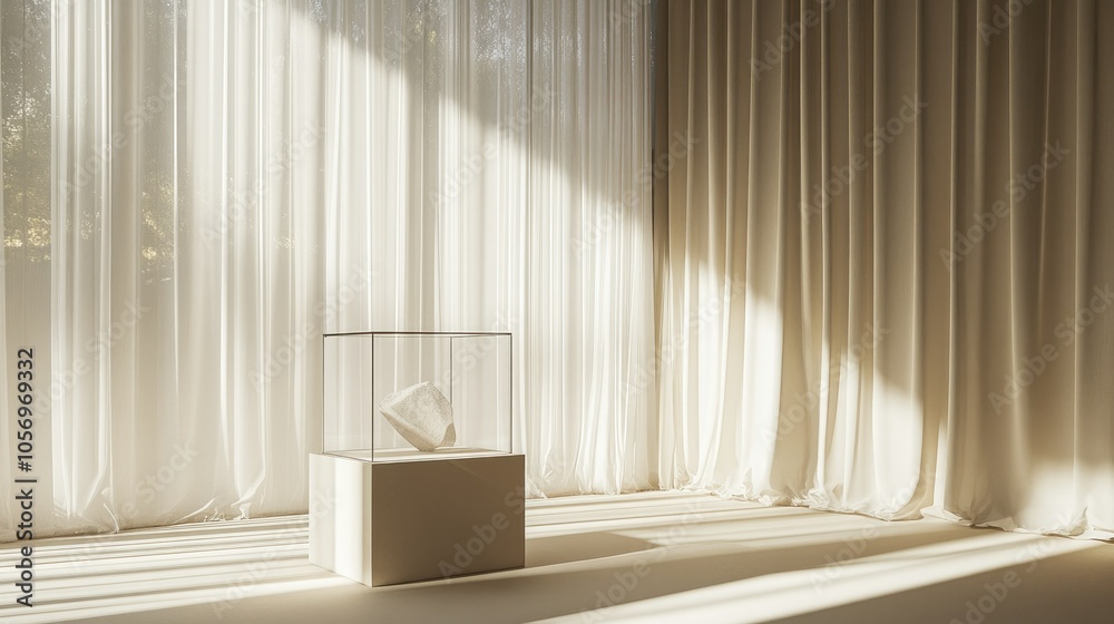 Minimalist display case on a pedestal in a sunlit room with curtains in the background; elegant and sophisticated design Minimalist display case on a pedestal in a sunlit room with curtains in the background; elegant and sophisticated design