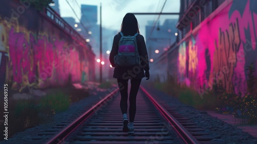 In twilight's embrace, a girl with a backpack strides purposefully along abandoned railway tracks, framed by vibrant graffiti and distant glowing city lights, blending urban life with nature.