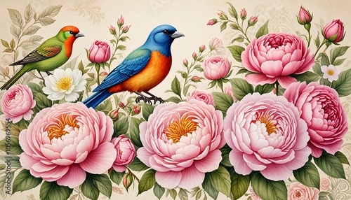 A high-definition watercolor scene featuring a close-up of blooming roses and peonies, with a delicate bird perched amidst the flowers. The composition includes intricate Paisley patterns subtly woven