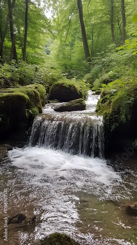 A small waterfall in the Black Forest, Germany. The water flows over moss-covered rocks and boulders into a stream that runs through an ancient forest with towering trees.