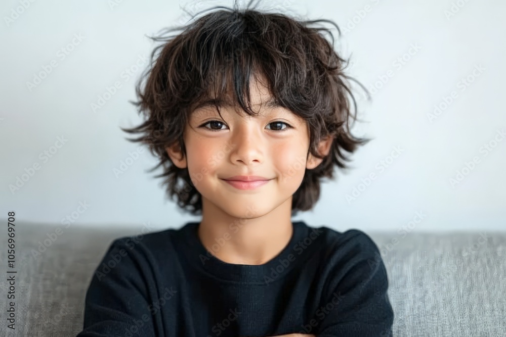 A smiling child with tousled hair sits on a couch, exuding warmth and friendliness, representing the essence of innocence and the joy of simple moments at home. A smiling child with tousled hair sits on a couch, exuding warmth and friendliness, representing the essence of innocence and the joy of simple moments at home.
