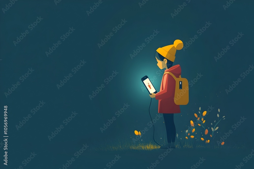 Fototapeta premium Solitary character charging smartphone in serene outdoor setting