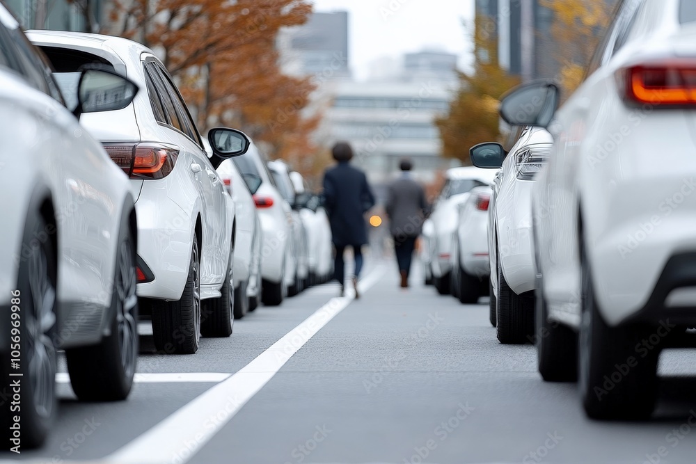 This urban scene captures a street lined with neatly parked cars, creating a pathway into the city, set against a backdrop of modern buildings and autumn foliage.