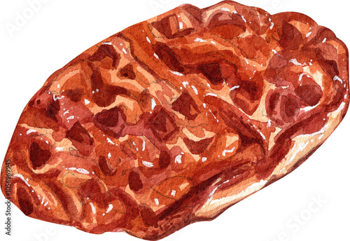 Croffle  drizzled with caramel, Hand Drawn Illustration Watercolor painting