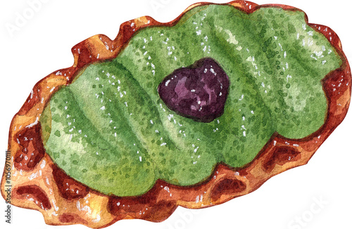 Croffle  with green tea cream topping and red bean paste on top, Hand Drawn Illustration Watercolor painting