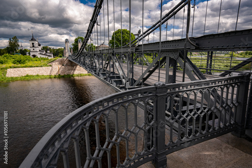 City of Ostrov, Chain Bridge over the Velikaya River. Pskov Region, Russia.