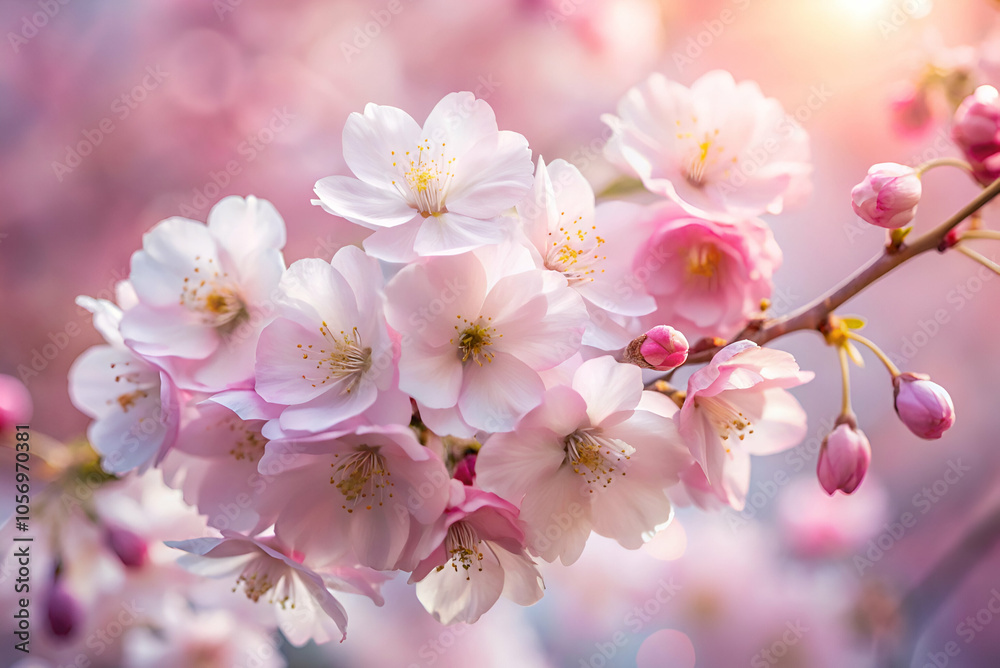 Delicate pink cherry blossoms bloom on a branch, creating a serene and picturesque scene during springtime. Delicate pink cherry blossoms bloom on a branch, creating a serene and picturesque scene during springtime.