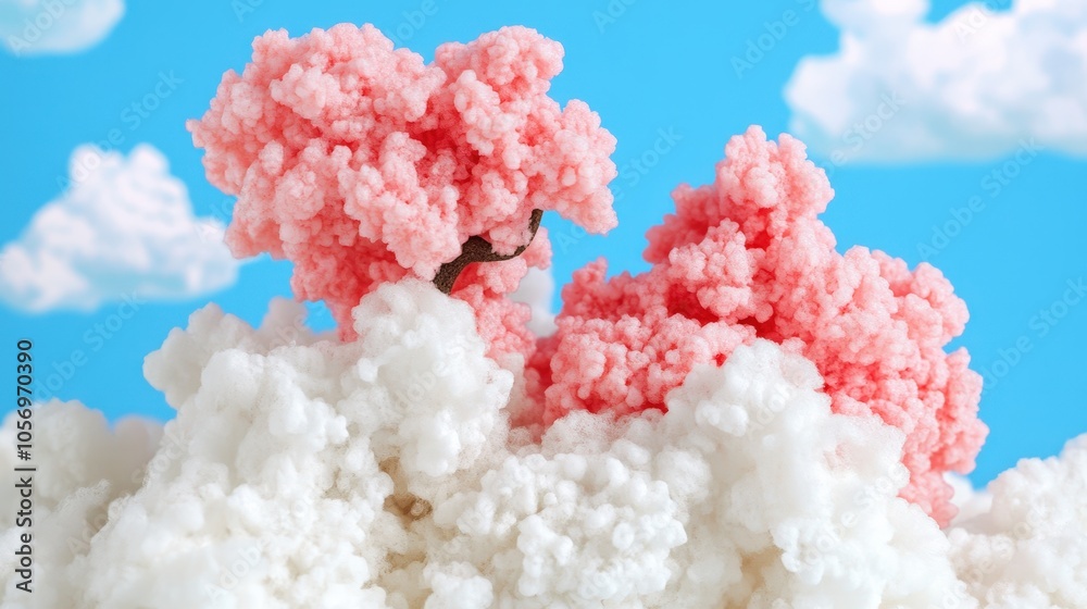 Pink Cherry Blossom Trees on Fluffy White Clouds with Blue Sky Background Pink Cherry Blossom Trees on Fluffy White Clouds with Blue Sky Background
