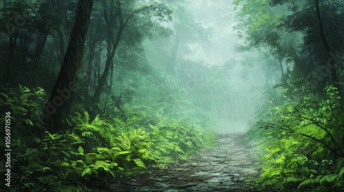 A Mystical Forest Path With Rain Falling Through the Canopy