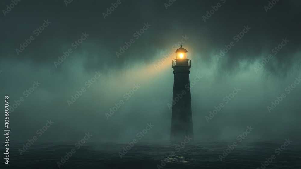 A Solitary Lighthouse Stands Tall Amidst a Foggy Sea