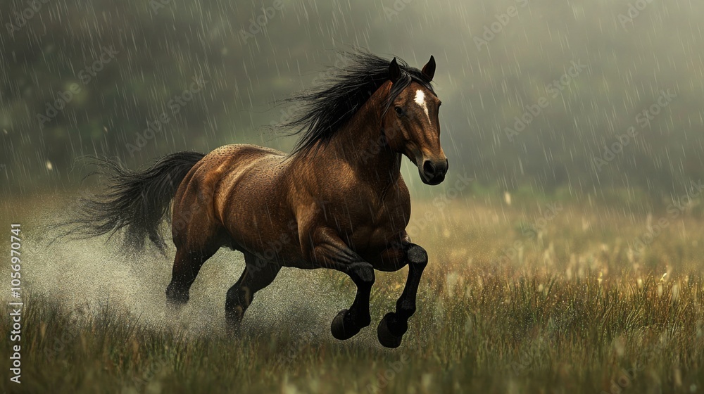 A Brown Horse Running Through a Rain-Soaked Meadow