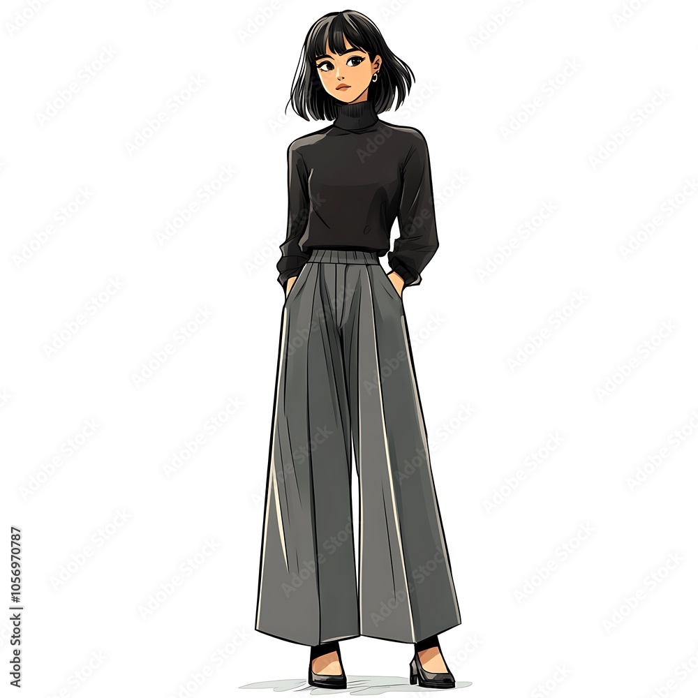 Cartoon girl in a slouchy turtleneck and wide-leg pants on a white background. Cartoon girl in a slouchy turtleneck and wide-leg pants on a white background.