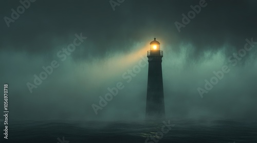 A Solitary Lighthouse Stands Tall Amidst a Foggy Sea