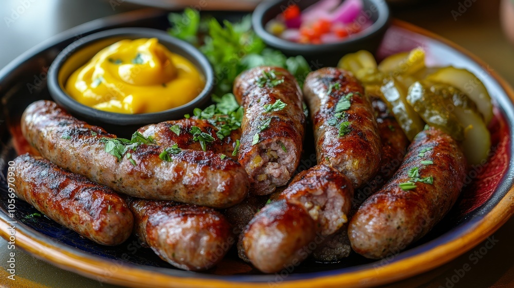 Grilled Sausages with Mustard and Pickles on a Colorful Plate Grilled Sausages with Mustard and Pickles on a Colorful Plate