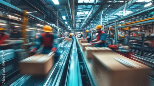 Factory workers packaging products on a fast-moving conveyor belt