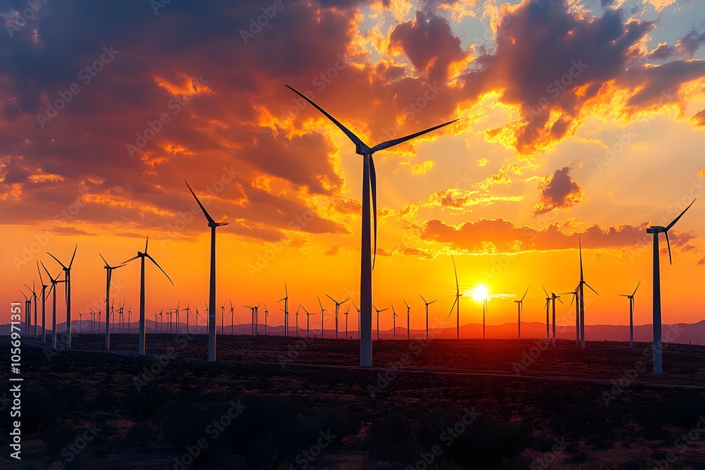 Obraz premium Dramatic Sunset Backdrop Illuminates Wind Farm with Industrial Battery Storage