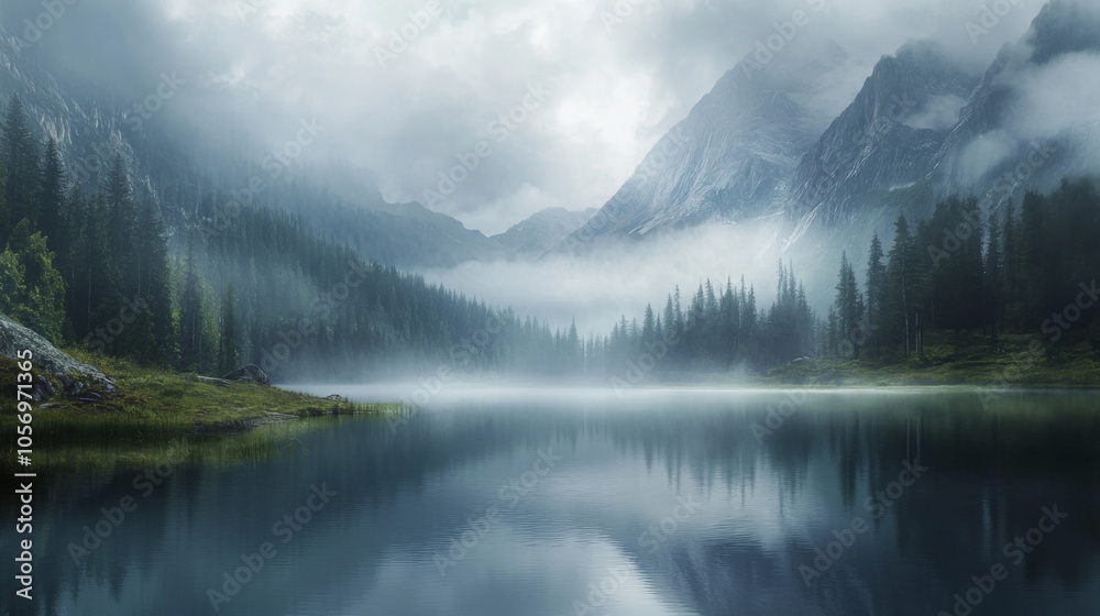 Serene Mountain Lake with Fog and Reflection Serene Mountain Lake with Fog and Reflection
