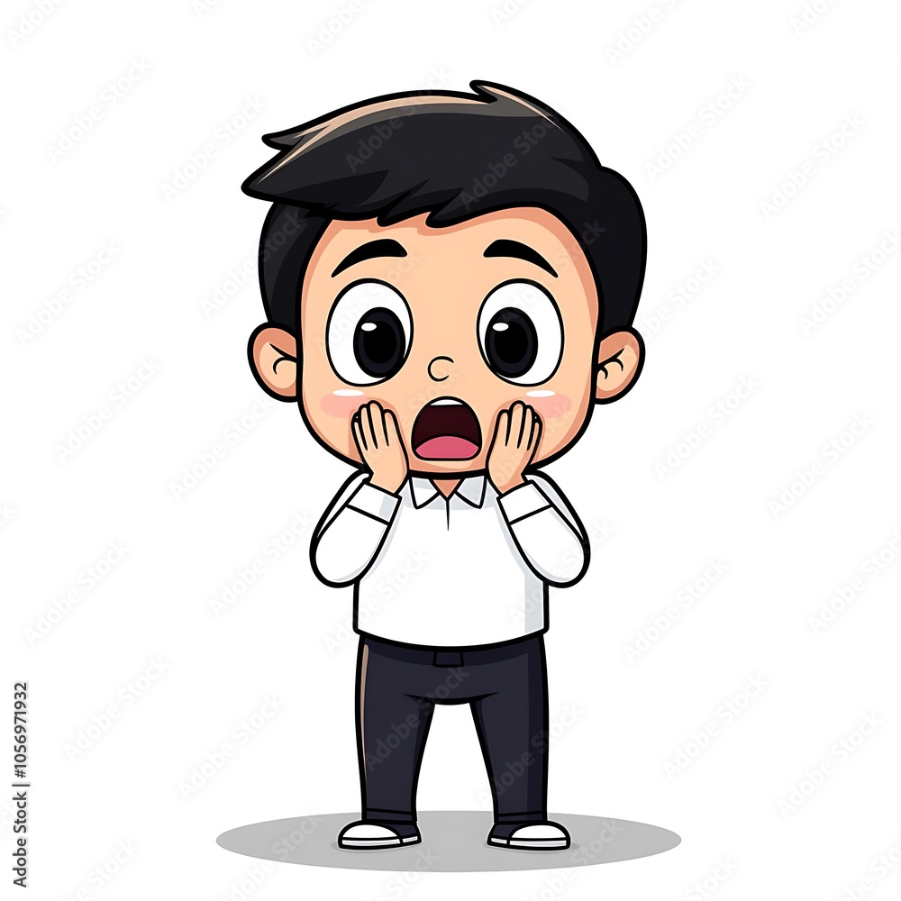 Cartoon employee looking shocked, with hands on cheeks on a white background. Cartoon employee looking shocked, with hands on cheeks on a white background.