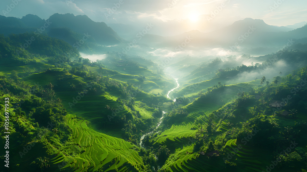 Aerial Drone View of Lush Green Rice Terraces Cascading Down a Mountain: Vibrant Rural Landscape Showcasing Traditional Agricultural Practices
Aerial Drone View of Lush Green Rice Terraces Cascading Down a Mountain: Vibrant Rural Landscape Showcasing Traditional Agricultural Practices