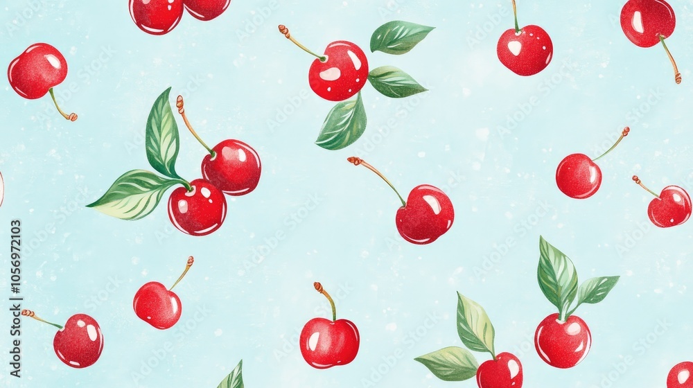 Playful cherry background with delicate, hand-drawn cherries scattered on a pale blue surface Playful cherry background with delicate, hand-drawn cherries scattered on a pale blue surface