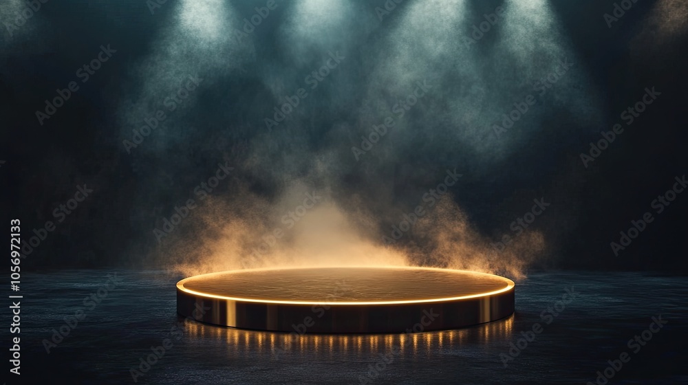 Golden podium on a dark background with smoke. Empty pedestal for the award ceremony. The platform is illuminated by spotlights. Golden podium on a dark background with smoke. Empty pedestal for the award ceremony. The platform is illuminated by spotlights.
