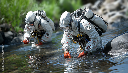 Engineers in ecofriendly suits conducting water quality studies in a river environment