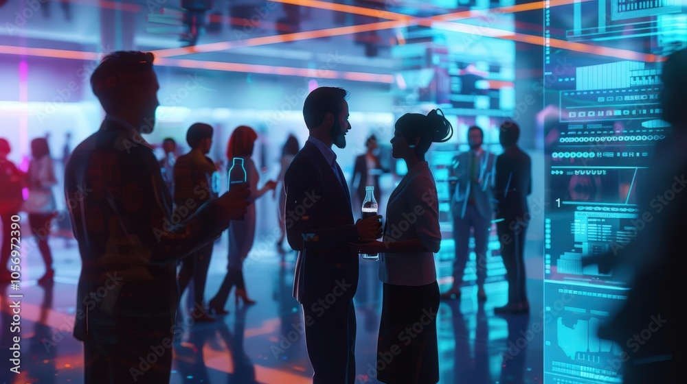 Produce a visually captivating image of a diverse group of professionals chatting at a sleek side view recruiting event with futuristic holographic job listings Use digital CG 3D t