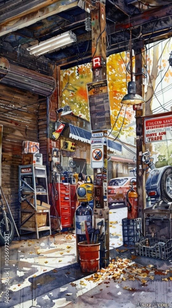 Produce a watercolor painting of an automotive repair shop near me Produce a watercolor painting of an automotive repair shop near me