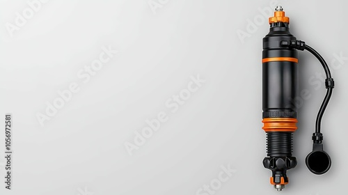 Shock absorber component, black and orange, isolated on white background.