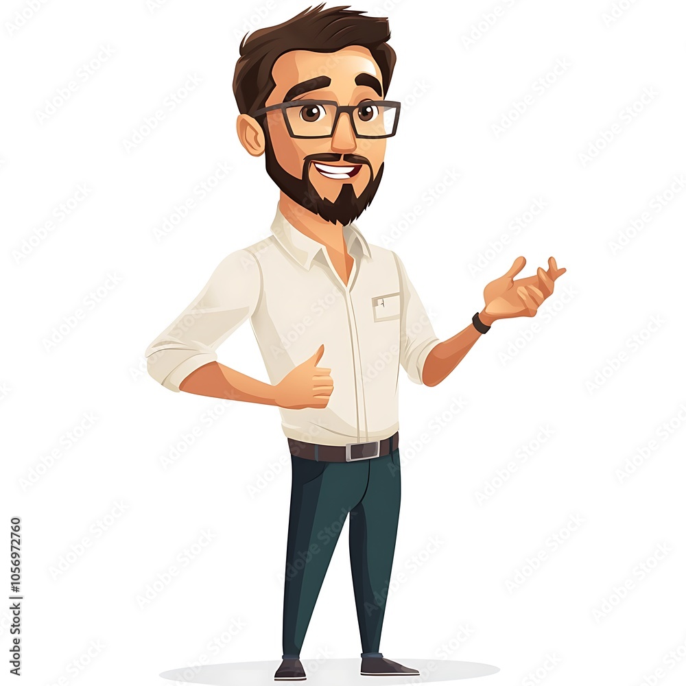 Cartoon employee with a serious expression, giving a presentation on a white background. Cartoon employee with a serious expression, giving a presentation on a white background.