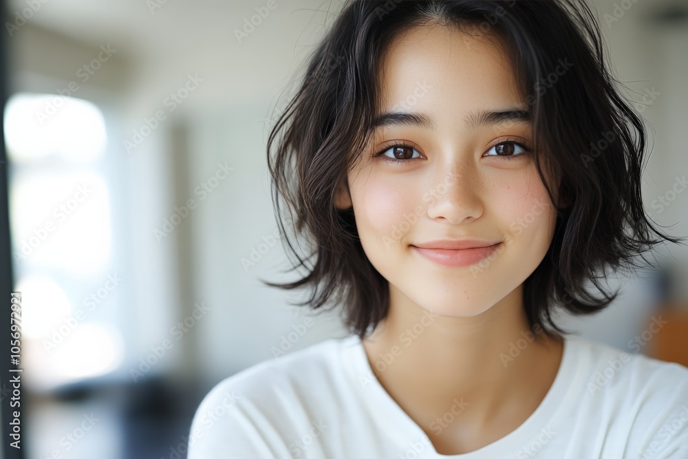 Another portrait of a young woman with a radiant smile and short hair, brimming with casual charm and effortless elegance, captured in a modern style. Another portrait of a young woman with a radiant smile and short hair, brimming with casual charm and effortless elegance, captured in a modern style.