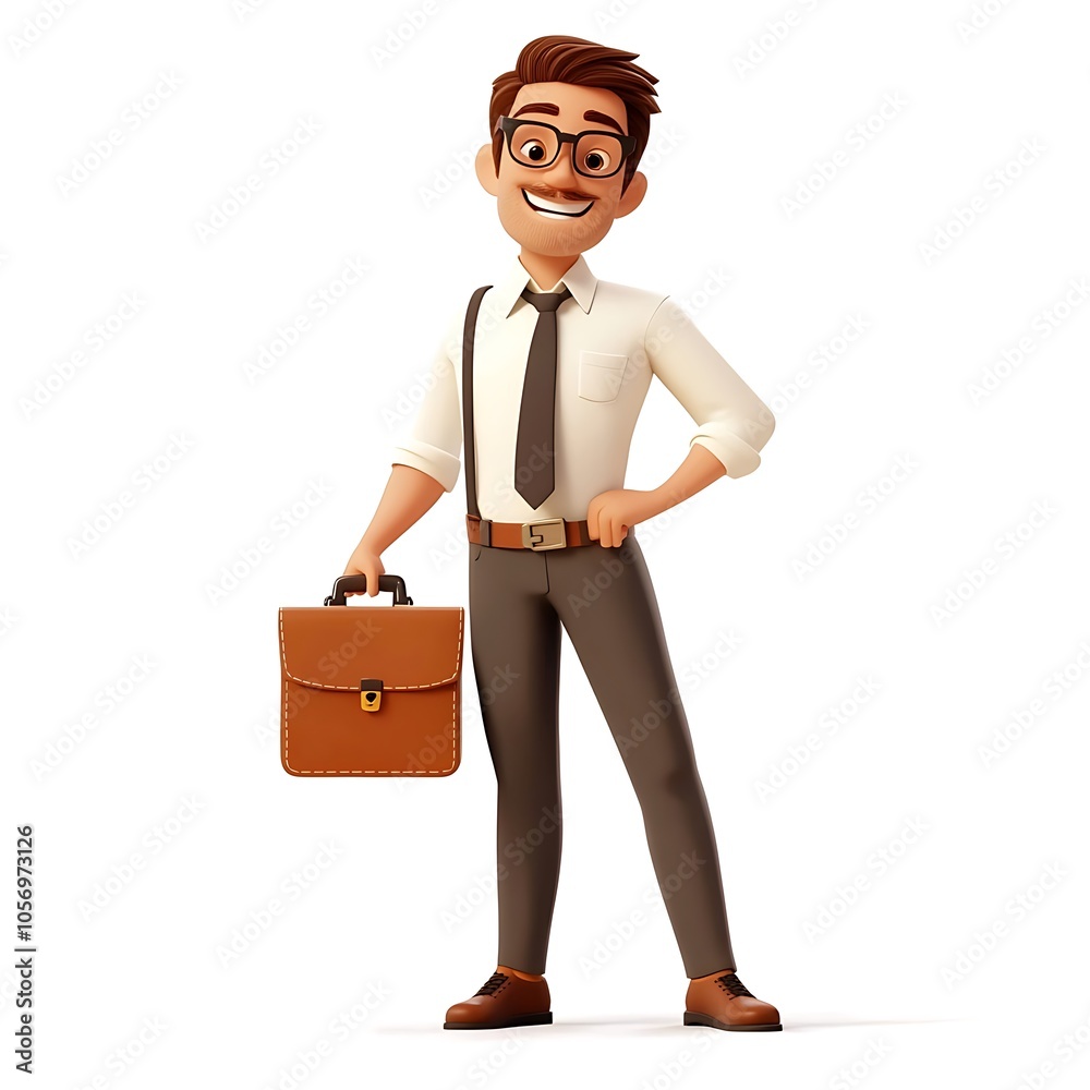 Cartoon employee holding a briefcase and smiling, ready for work on a white background. Cartoon employee holding a briefcase and smiling, ready for work on a white background.