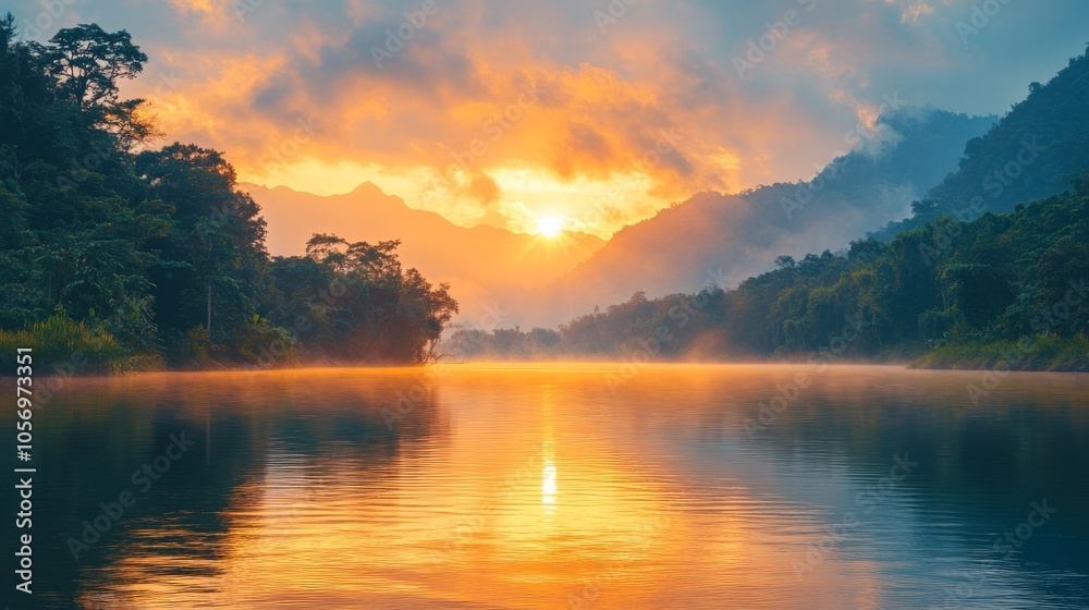 Serene Sunset Over a Tranquil Lake and Forested Mountains Serene Sunset Over a Tranquil Lake and Forested Mountains
