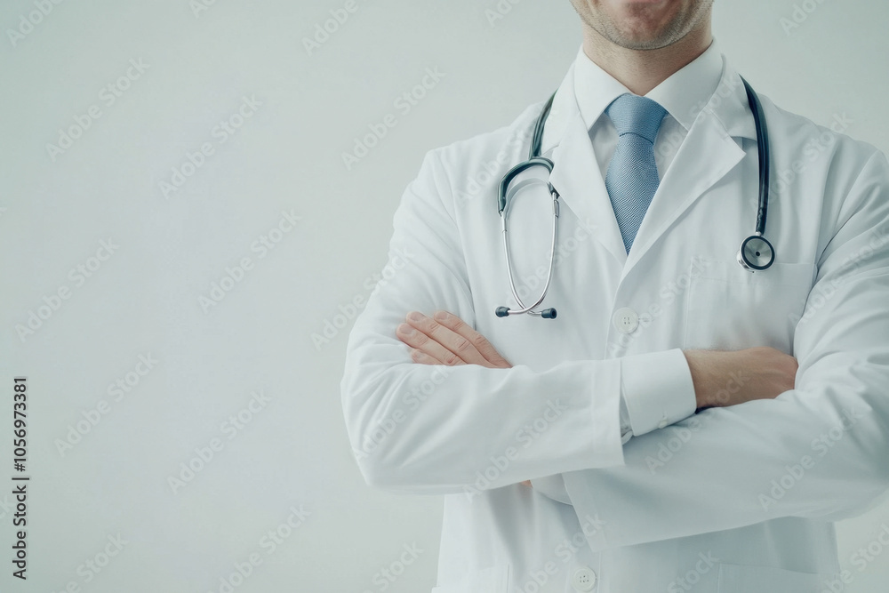 Man doctor no face visible in white coat on white isolated background, copy space, space for text, health Man doctor no face visible in white coat on white isolated background, copy space, space for text, health