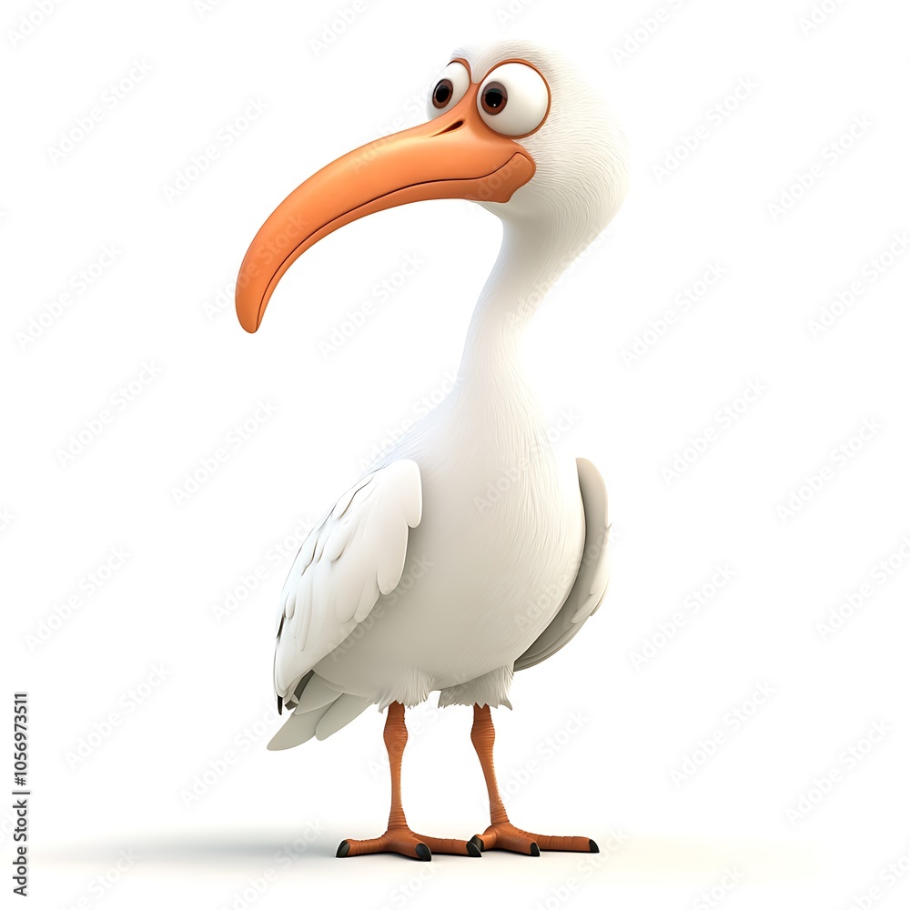 Fototapeta premium A cartoon ibis standing with a curved beak on a white background.