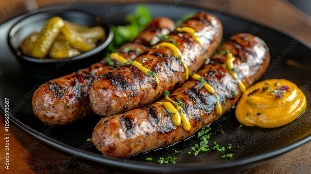 Grilled Sausages with Mustard and Pickles on Black Plate Grilled Sausages with Mustard and Pickles on Black Plate