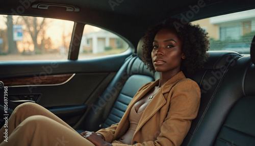 A young Black woman with curly hair is sitting in the back seat of a car. She is wearing a brown suit jacket, a white top, and brown pants. She is looking at the camera with a serious expression. 