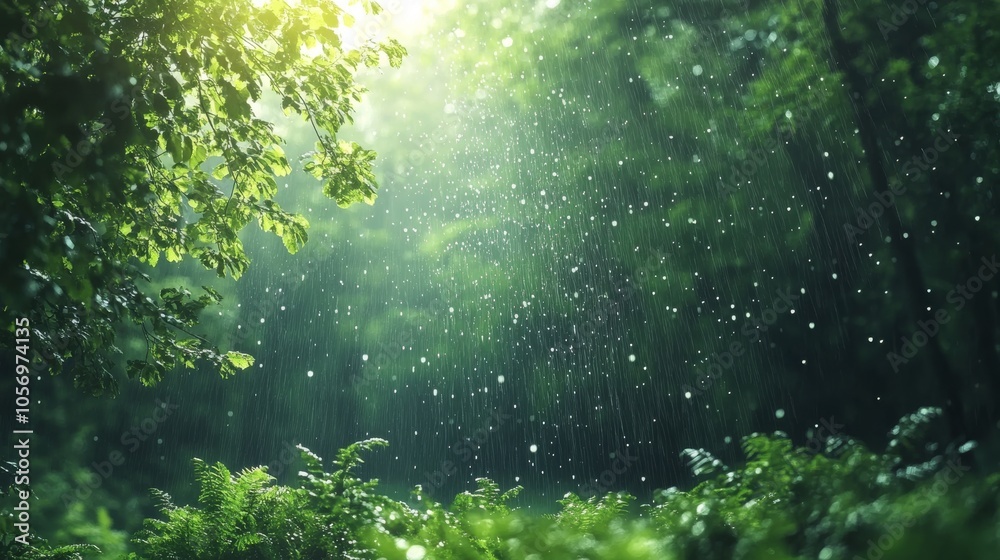 Rain Falling Through Green Leaves in a Forest Rain Falling Through Green Leaves in a Forest