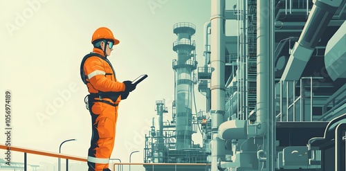 A flat illustration of an industrial worker in orange safety gear, standing at the entrance to a large oil and gas production facility with pipes and machinery visible behind them photo