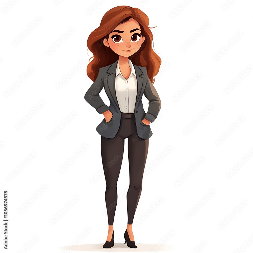 Fototapeta premium Cartoon girl with a focused expression in a blazer and trousers on a white background.