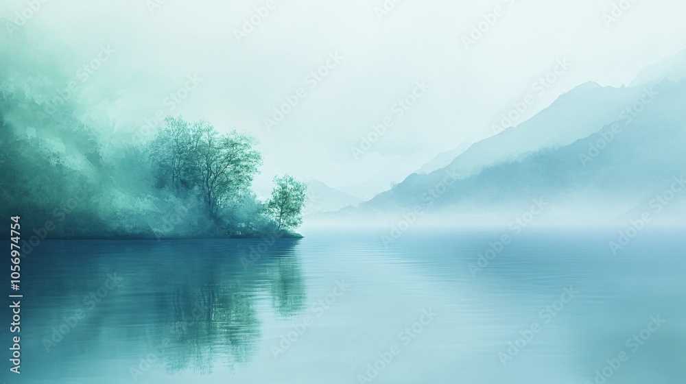 Misty Mountain Lake with Tree Silhouette Misty Mountain Lake with Tree Silhouette