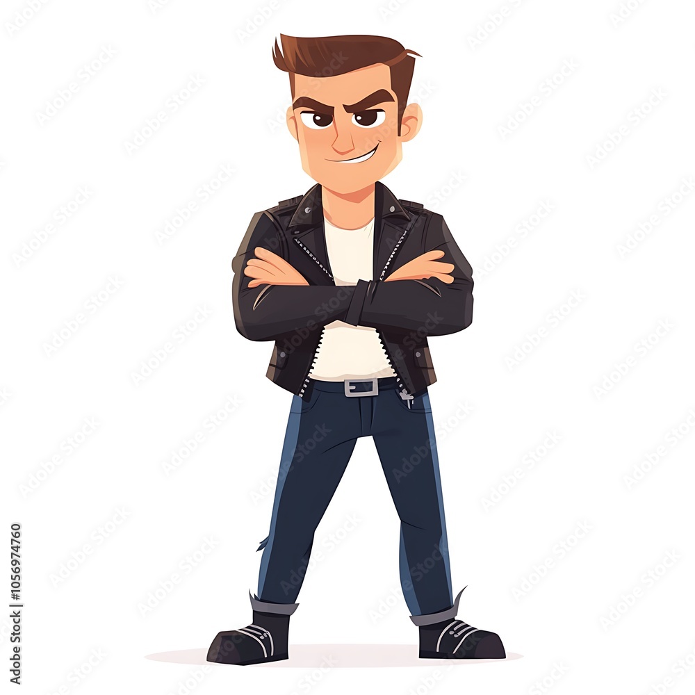 Cartoon guy with a fierce expression in a leather jacket and jeans on a white background. Cartoon guy with a fierce expression in a leather jacket and jeans on a white background.