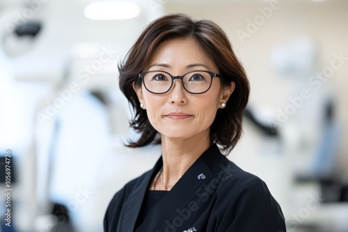 A confident woman wearing glasses and a dark suit stands in a professional setting with a focused expression, embodying leadership and expertise in her field.