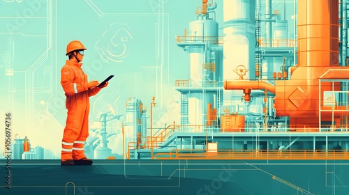 A flat illustration of an industrial worker in orange safety gear, standing at the entrance to a large oil and gas production facility with pipes and machinery visible behind them photo