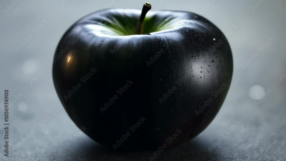 mysterious black apple with subtle water droplets, creating an otherworldly and surreal impression.