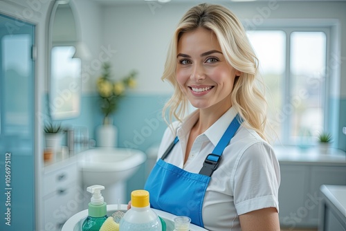 blonde woman, Blonde girl in a blue apron holding a bucket generative ai