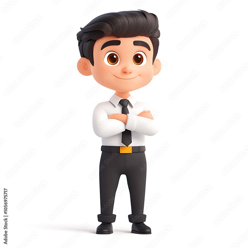 Cartoon employee standing with arms behind back, looking professional on a white background. Cartoon employee standing with arms behind back, looking professional on a white background.