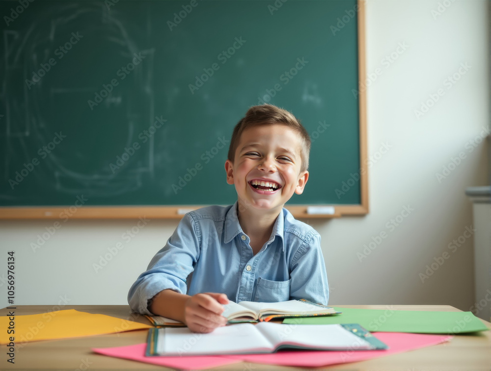 Joyful student smiling in classroom with open books and colorful papers Joyful student smiling in classroom with open books and colorful papers